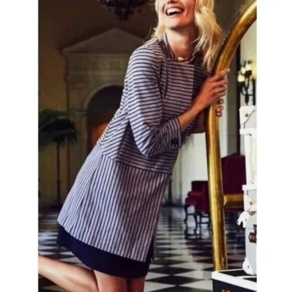 Cabi #5474 Dappled Striped Collarless Car Coat Navy Grey Small - Picture 2 of 6